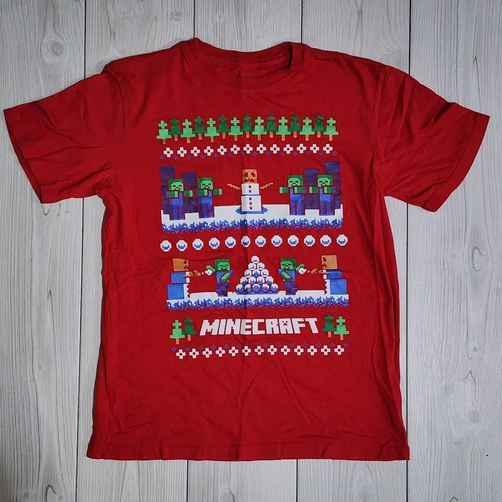 Red Minecraft Graphic Christmas Holiday Short Sleeve T-Shirt Size L 10-12
